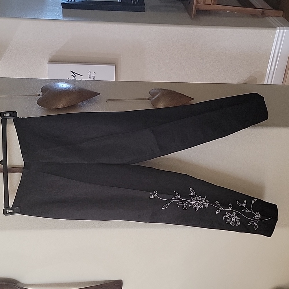 SILKLAND 100% Ramie Pants Fully Lined w/ Beaded Flower Leg Detail Black size 10